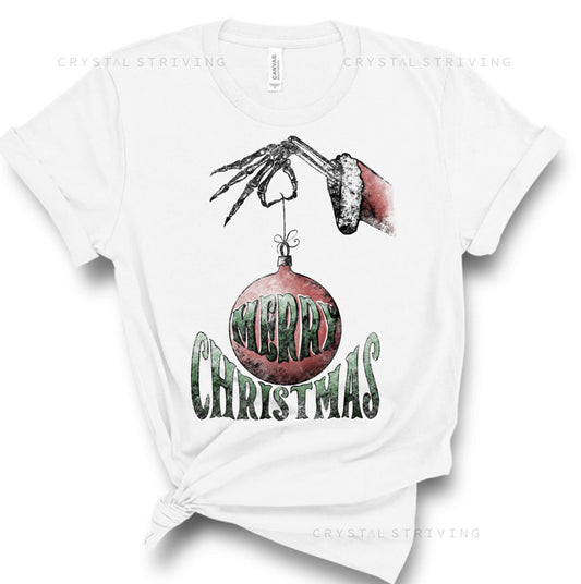 Merry Christmas skull hand + ornament tee